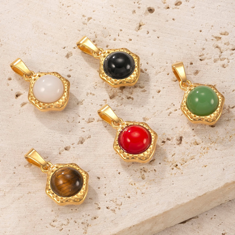 Single Pendant Cross-Border Stainless Steel Jewelry Embossed Irregular Inlaid Natural Stone Necklace Light Luxury 18k Gold Plated DIY Accessories