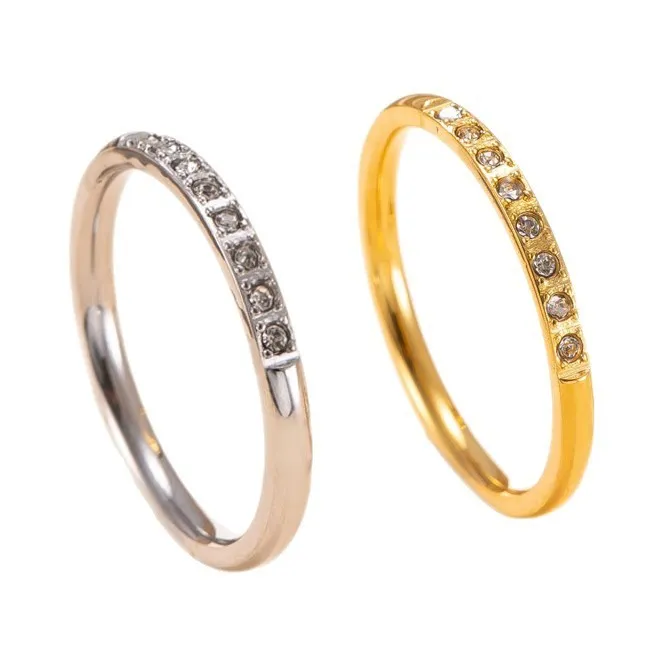 Cross-Border Stainless Steel Ring for Women, Non-Fading, Simple Stackable Ring, 2mm Plain Band, Micro Pave Diamond, Titanium Steel Jewelry Manufacturer