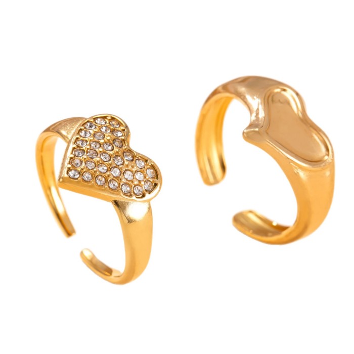 New Titanium Steel Jewelry Heart-Shaped Stone-Studded Open Ring Fashion Simple 18K Gold Plated Stainless Steel Ring...