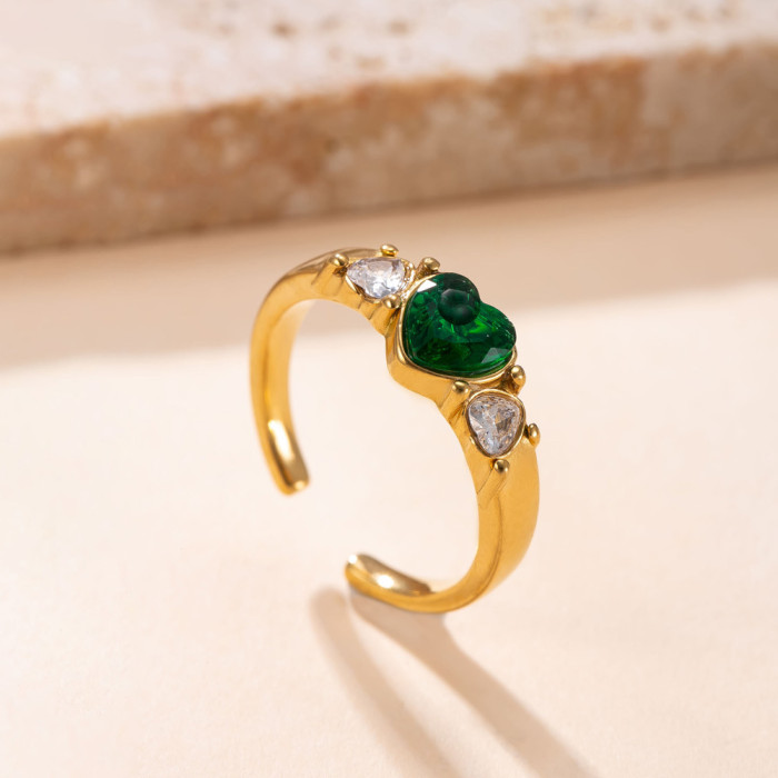 Cross-Border New Stainless Steel Ring Casting Heart-Shaped Colored Diamond Index Finger Ring Light Luxury High-End Titanium Steel Jewelry Manufacturer