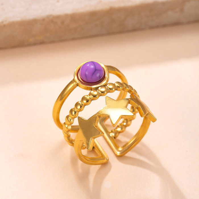 Hot Selling Titanium Steel Jewelry Oil Pressure Star Natural Stone Stacking Ring Simple High-End Feel Stainless Steel...