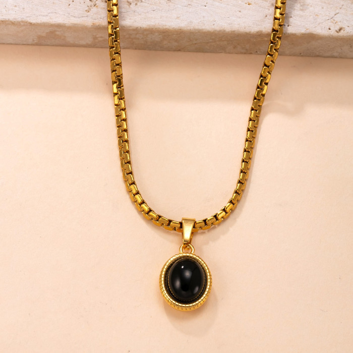 Single Pendant New Stainless Steel Necklace Light Luxury Design Oval Natural Stone Titanium Steel Necklace DIY