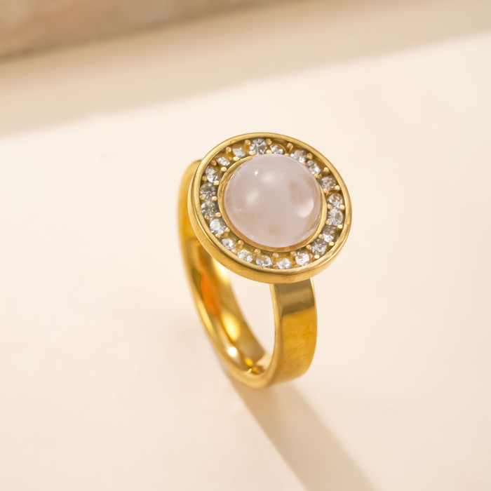 Stainless Steel Jewelry Vintage Vacuum Electroplated 18K Gold Ring Welding Brand Round Natural Stone Titanium Steel R...