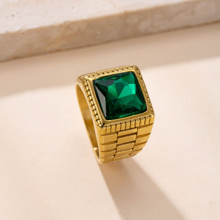 Retro Stainless Steel Ring Men's Palace Style Cast Strap Square Zircon Ring Titanium Steel Jewelry