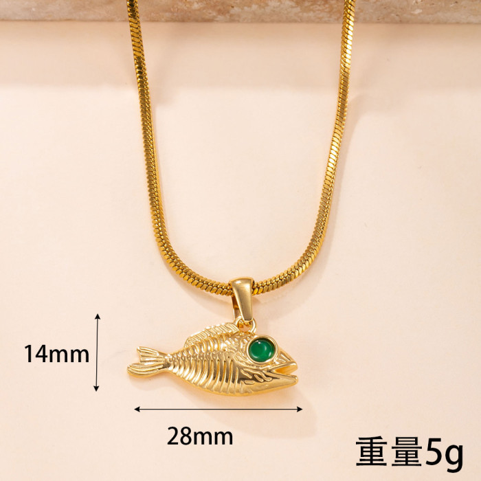 Single Pendant Stainless Steel Casting Fish Shape Inlaid Cat's Eye Necklace Personality Fashion Titanium Steel DIY Ac...