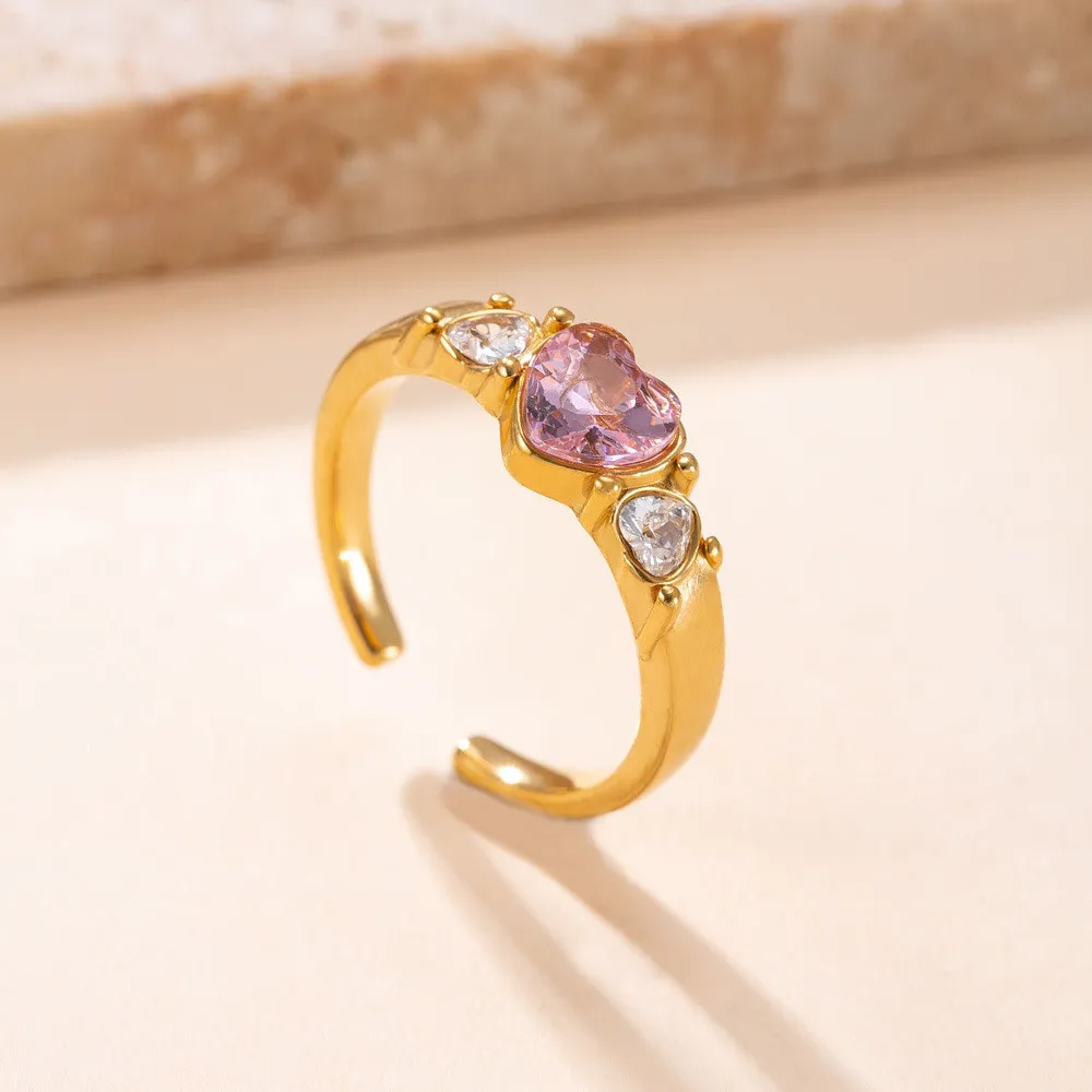 Cross-Border New Stainless Steel Ring Casting Heart-Shaped Colored Diamond Index Finger Ring Light Luxury High-End Titanium Steel Jewelry Manufacturer