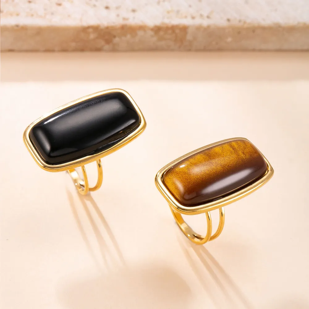 Cross-Border Hot-Selling Titanium Steel Jewelry Retro Melad Cat's Eye Stone Ring Hydraulic Square Natural Stone Stainless Steel Ring