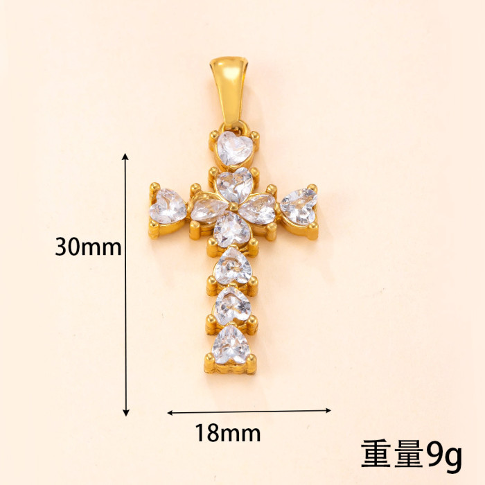 Single Pendant Stainless Steel Necklace Light Luxury High-Grade Square Plate Stone-Embedded Cross Titanium Steel Or...