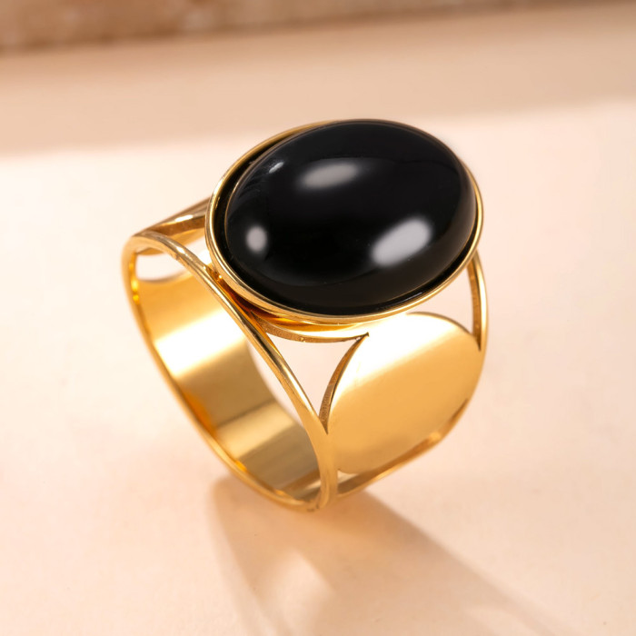 Cross-Border Amazon Titanium Steel Jewelry Hydraulic Oval Natural Stone Ring Vintage Style 18K Gold Plated Stainless Steel Ring