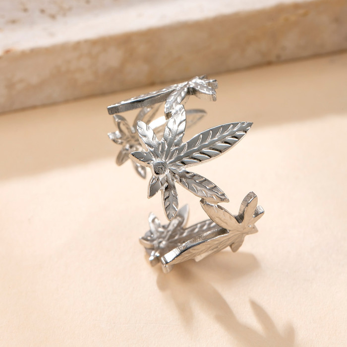 New Titanium Steel Jewelry High-End Minimalist Open Ring Hydraulic Irregular Leaf Stainless Steel Ring