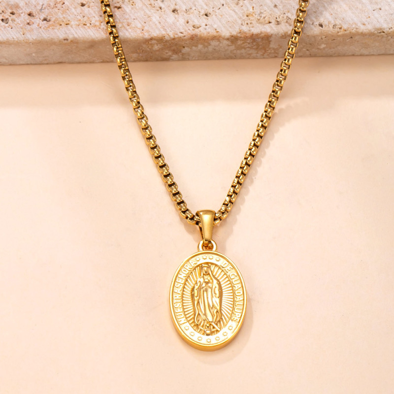 Single Pendant Cross-Border Hot-Selling Stainless Steel Necklace Light Luxury Retro Cast Virgin Mary Round Pendant Inlaid with Diamonds DIY Jewelry Accessories