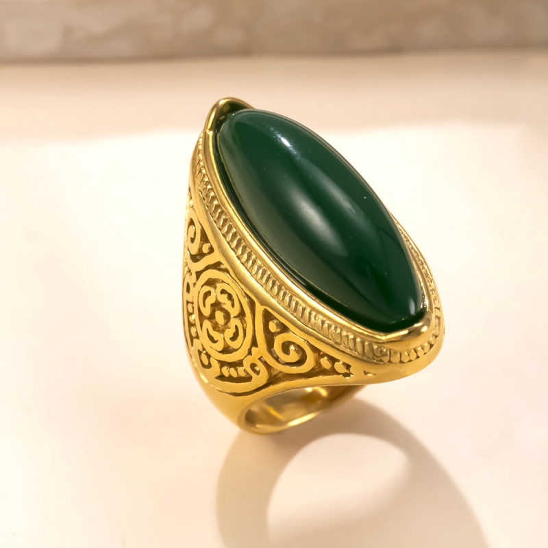Cross-Border Hot Selling Stainless Steel Ring Casting Engraving Inlaid Natural Stone Ring Vintage Plated 18k Gold Titanium Steel Jewelry Factory