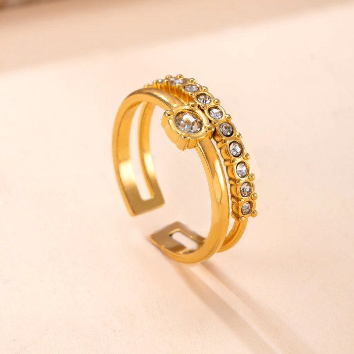 New Stainless Steel Ring Heart Hollow Stone-Inlaid Open Ring for Women Non-Fading Design Titanium Steel Jewelry