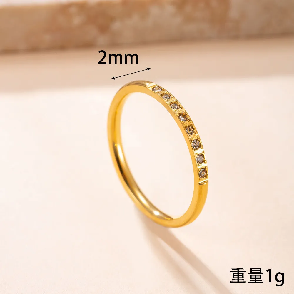 Cross-Border Stainless Steel Ring for Women, Non-Fading, Simple Stackable Ring, 2mm Plain Band, Micro Pave Diamond, Titanium Steel Jewelry Manufacturer