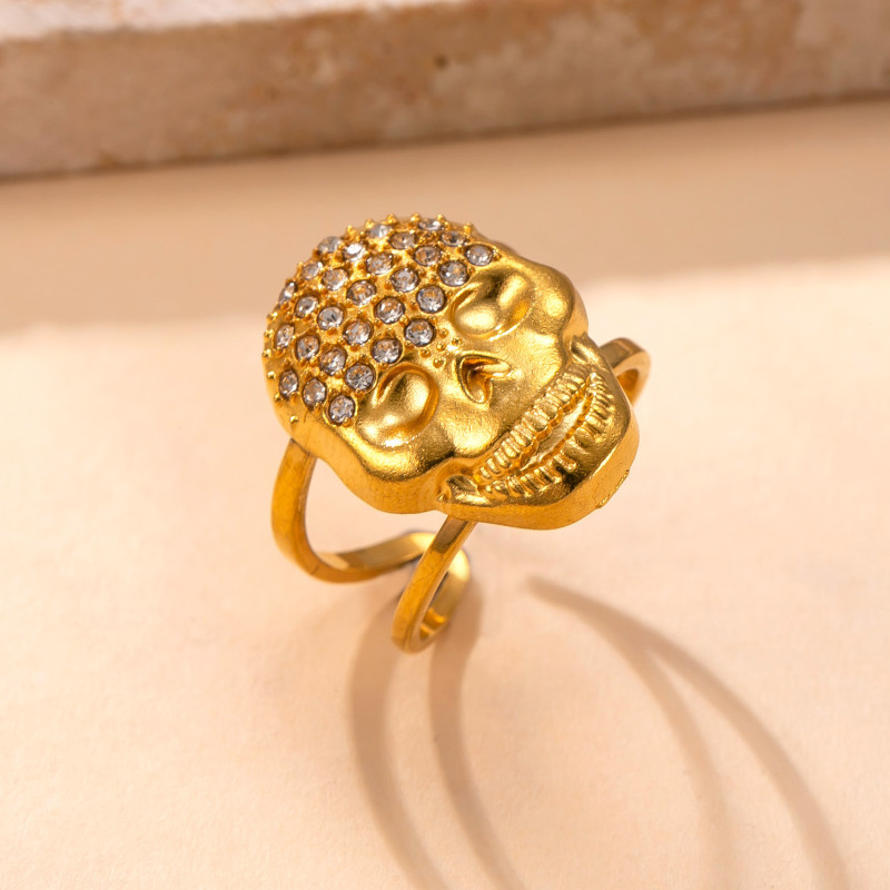 Cross-Border Hot-Selling Stainless Steel Ring Hydraulic Inlaid Diamond Skull Open Ring Street Retro Plated 18k Gold Ring