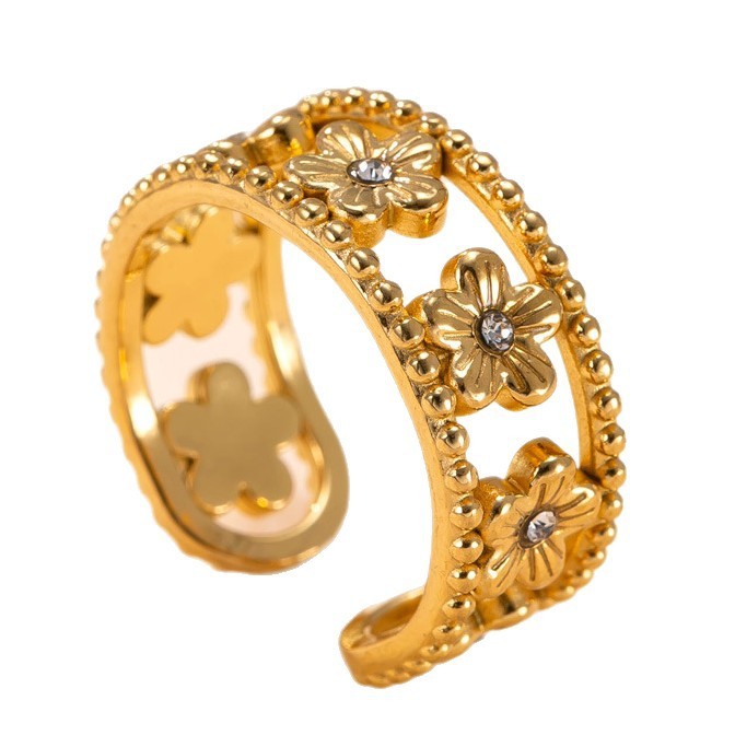 Stainless Steel Ring Casting Hollow Flower Micro Stone-Inlaid Ring Vintage Plated 18K Gold Titanium Steel Jewelry