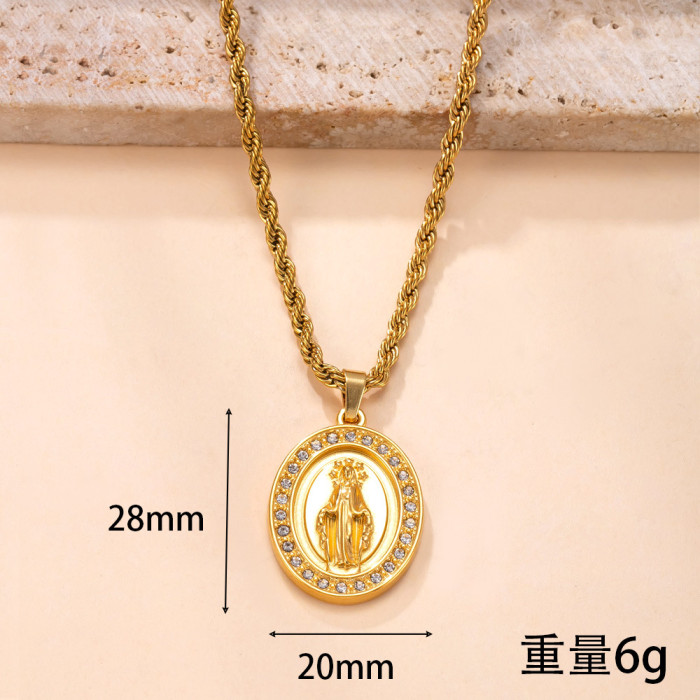 Single Pendant Hot-Selling Stainless Steel Necklace Light Luxury Retro Cast Virgin Mary Round Pendant Inlaid with Dia...