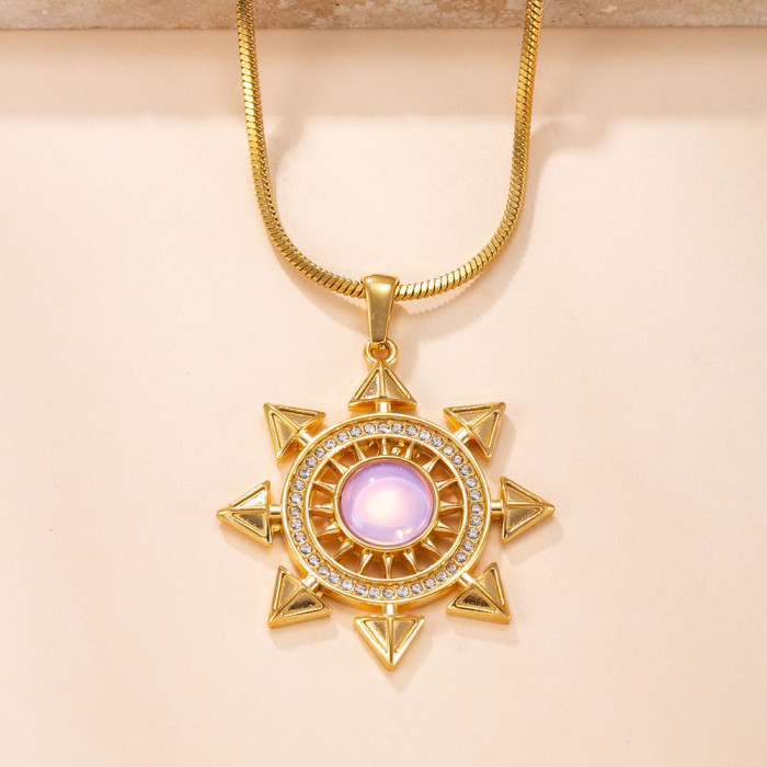 Single Pendant Hot-Selling Stainless Steel Jewelry Retro Light Luxury 18K Gold Plated Cast Sun Stone-Inlaid Necklac...