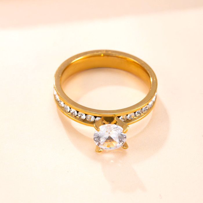 Cross-Border Hot-Selling Stainless Steel Ring 4mm Single Circle Diamond Four-Prong Diamond Stacking Ring Fashionable High-End Titanium Steel Jewelry