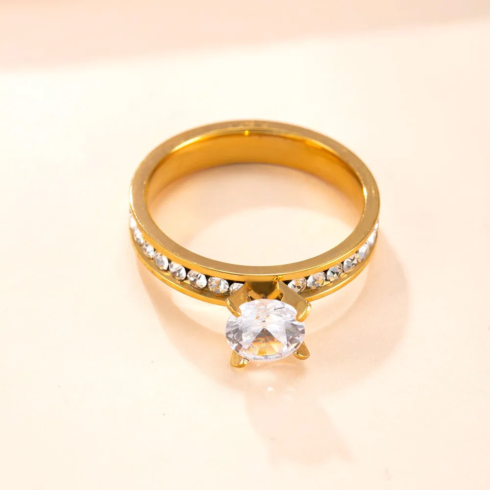 Cross-Border Hot-Selling Stainless Steel Ring 4mm Single Circle Diamond Four-Prong Diamond Stacking Ring Fashionable High-End Titanium Steel Jewelry