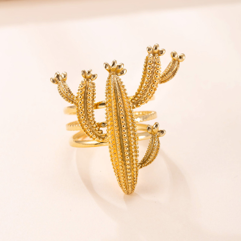Cross-Border Hot-Selling Stainless Steel Ring Cactus Open Ring Fashion Creative 18K Gold Plated Titanium Steel Jewelry Manufacturer