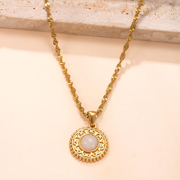 Single Pendant Stainless Steel Casting Jewelry Vintage Palace Style Necklace Accessories Round Natural Stone DIY Acce...