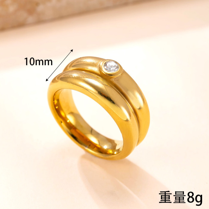 New Titanium Steel Jewelry Elegant Design 18K Gold Plated Ring Cast Double Layer Stone-Inlaid Stainless Steel Ring