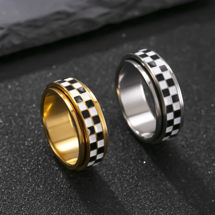 Amazon New Men's Ring Oil Drop Black and White Check Rotatable Ring Fashion Design Stainless Steel Jewelry Manufacturer