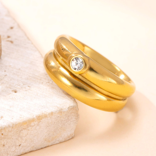 New Titanium Steel Jewelry Elegant Design 18K Gold Plated Ring Cast Double Layer Stone-Inlaid Stainless Steel Ring