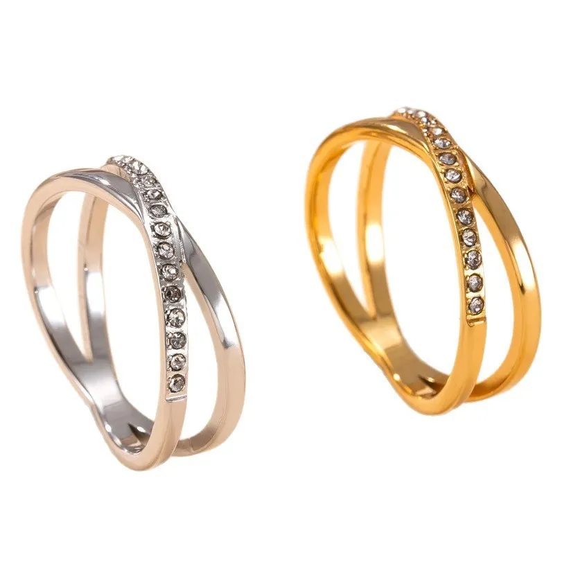 Cross-Border New Stainless Steel Ring Korean Fashion Titanium Steel Non-Fading Ring Cross Inlaid Diamond Couple Ring Wholesale