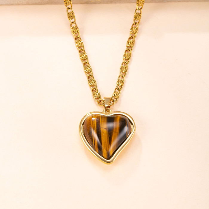 Single Pendant Cross-Border Stainless Steel Jewelry Casting Heart Natural Stone Necklace High-End 18K Gold Plated DIY Accessories