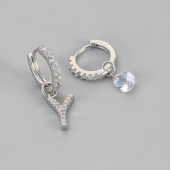 Cross-Border European and American Single Diamond Water Drop 26 Letter Earrings Asymmetric Earrings Personality Fashion Design Sense Women's Ear Jewelry