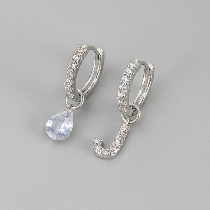 Cross-Border European and American Single Diamond Water Drop 26 Letter Earrings Asymmetric Earrings Personality Fashion Design Sense Women's Ear Jewelry