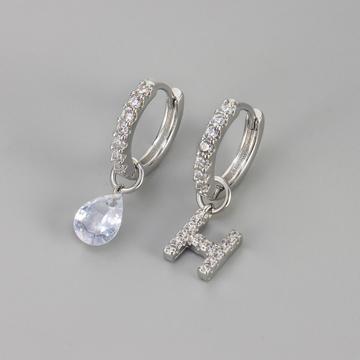 Cross-Border European and American Single Diamond Water Drop 26 Letter Earrings Asymmetric Earrings Personality Fashion Design Sense Women's Ear Jewelry