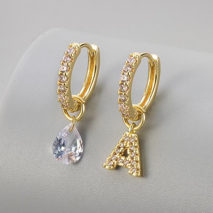 Cross-Border European and American Single Diamond Water Drop 26 Letter Earrings Asymmetric Earrings Personality Fashion Design Sense Women's Ear Jewelry