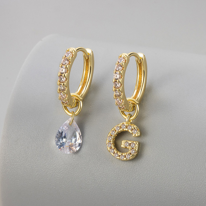 Cross-Border European and American Single Diamond Water Drop 26 Letter Earrings Asymmetric Earrings Personality Fashion Design Sense Women's Ear Jewelry