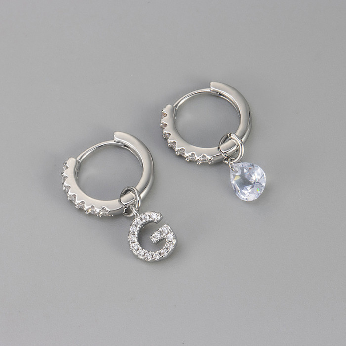 Cross-Border European and American Single Diamond Water Drop 26 Letter Earrings Asymmetric Earrings Personality Fashion Design Sense Women's Ear Jewelry