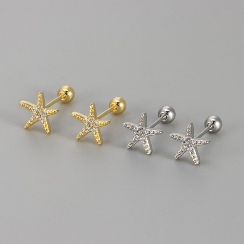 New Sparkling Diamond Five-Pointed Star Screw Thread Twist Cap Earrings for Women Simple Small Exquisite Ear Bone Stud Ring Jewelry