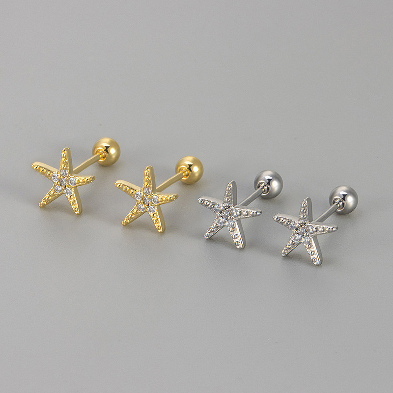 New Sparkling Diamond Five-Pointed Star Screw Thread Twist Cap Earrings for Women Simple Small Exquisite Ear Bone Stud Ring Jewelry