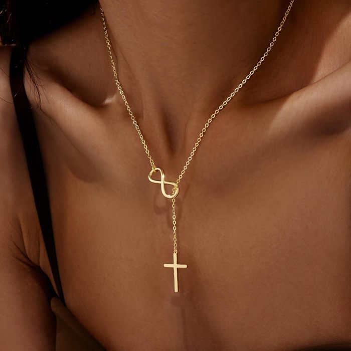 18K Real Gold Micro Inlaid Mini CZ Zircon Cross Necklace Symbol 8 Infinity Endless Infinity Cross Necklace