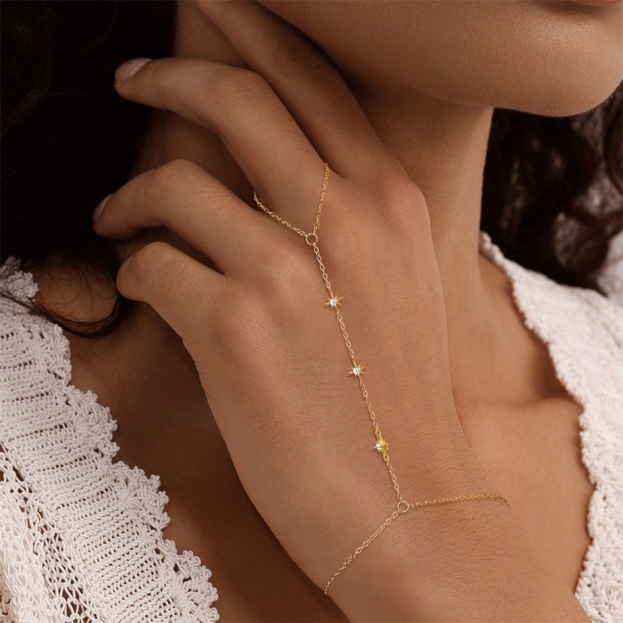 European and American Fashion Eight-Pointed Star Inlaid Diamond Bracelet Stackable Finger Chain INS Style High-End Feel Ring Chain Cross-Border Hot-Selling Model