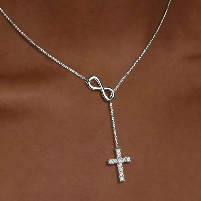 18K Real Gold Micro Inlaid Mini CZ Zircon Cross Necklace Symbol 8 Infinity Endless Infinity Cross Necklace
