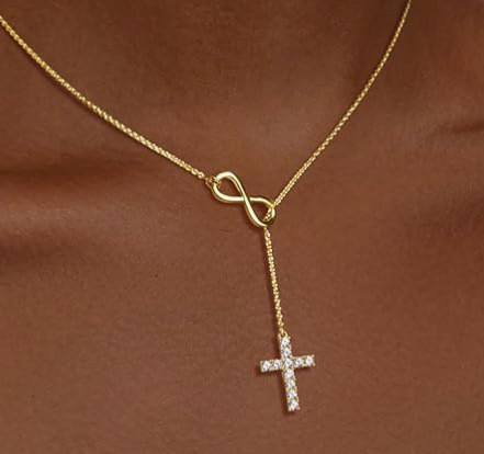 18K Real Gold Micro Inlaid Mini CZ Zircon Cross Necklace Symbol 8 Infinity Endless Infinity Cross Necklace