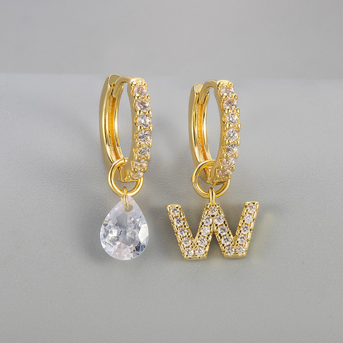 Cross-Border European and American Single Diamond Water Drop 26 Letter Earrings Asymmetric Earrings Personality Fashion Design Sense Women's Ear Jewelry