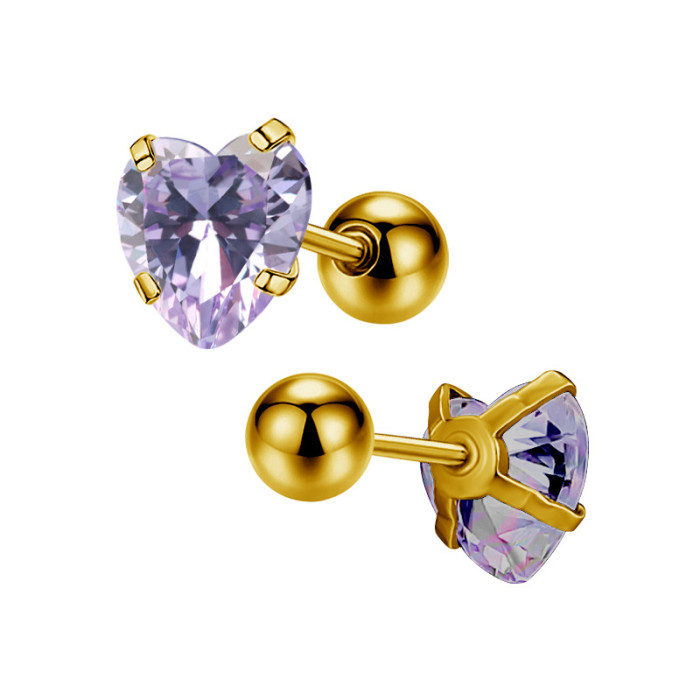 Fresh Colorful Heart Zircon Titanium Steel Stainless Steel Heart-shaped Earrings Ear Studs Small Earrings for Girls