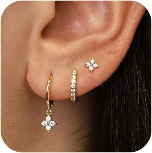 Amazon Four-Leaf Clover Earrings Micro-Inlaid Zircon Hoop Earrings Niche Design Earrings Three-Piece Set Ear Jewelry,...