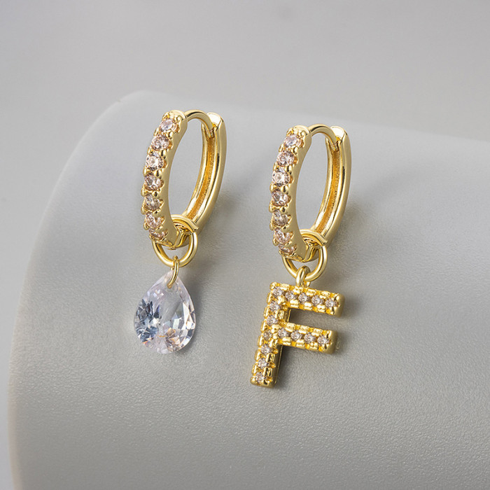 Cross-Border European and American Single Diamond Water Drop 26 Letter Earrings Asymmetric Earrings Personality Fashion Design Sense Women's Ear Jewelry