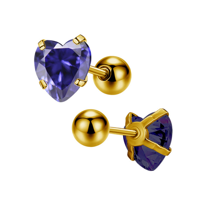 Fresh Colorful Heart Zircon Titanium Steel Stainless Steel Heart-shaped Earrings Ear Studs Small Earrings for Girls
