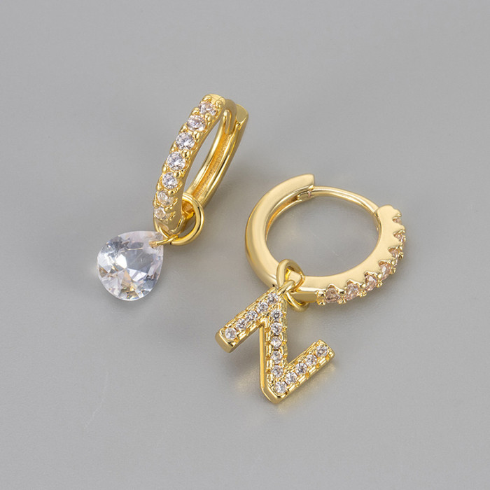 Cross-Border European and American Single Diamond Water Drop 26 Letter Earrings Asymmetric Earrings Personality Fashion Design Sense Women's Ear Jewelry