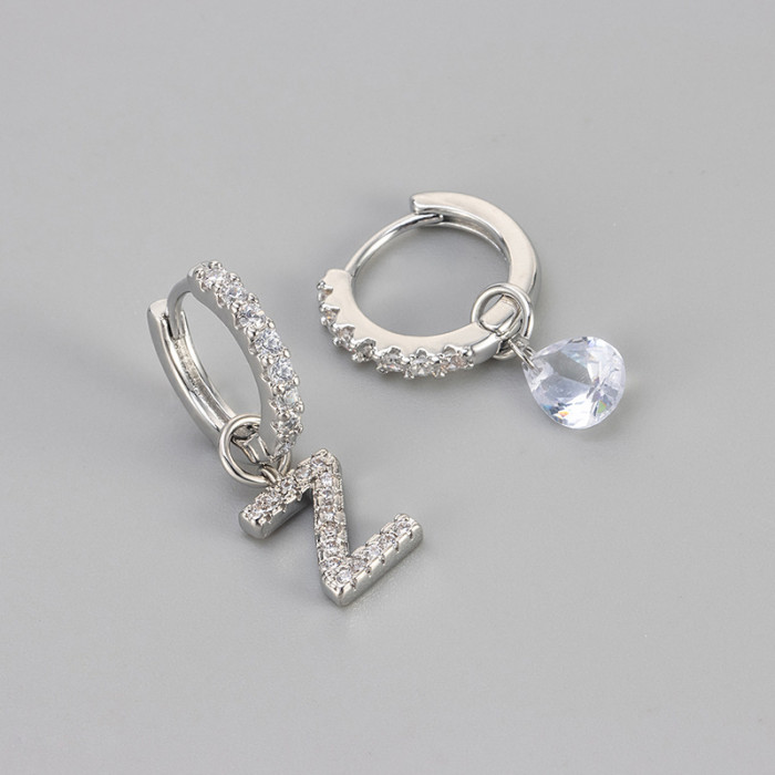 Cross-Border European and American Single Diamond Water Drop 26 Letter Earrings Asymmetric Earrings Personality Fashion Design Sense Women's Ear Jewelry